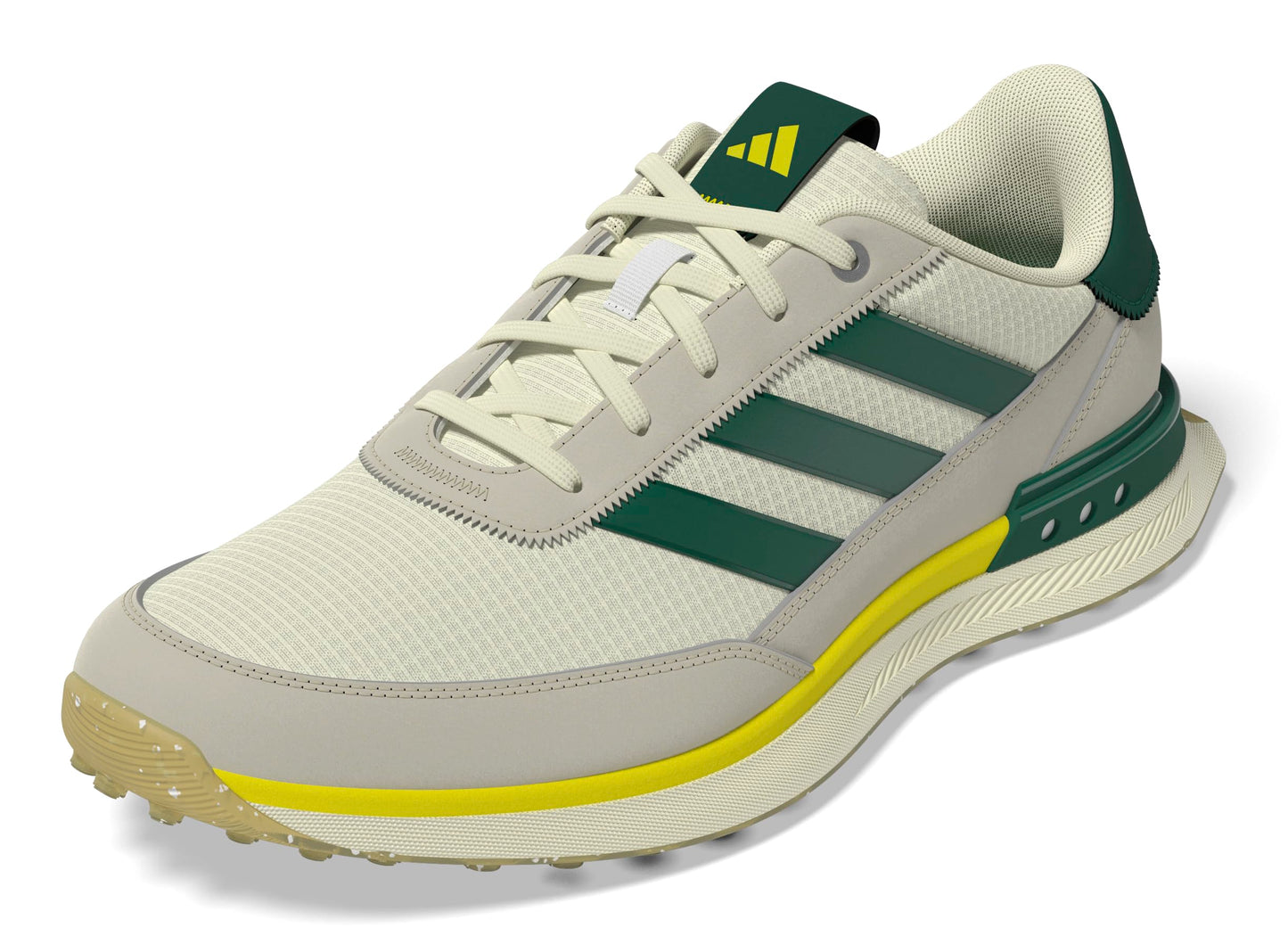 Gray Adidas shoe with green stripes on a white background