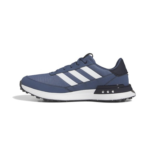 Blue Adidas sneaker with white stripes on a white background