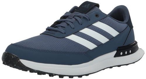 Blue Adidas sneaker with white stripes on a white background