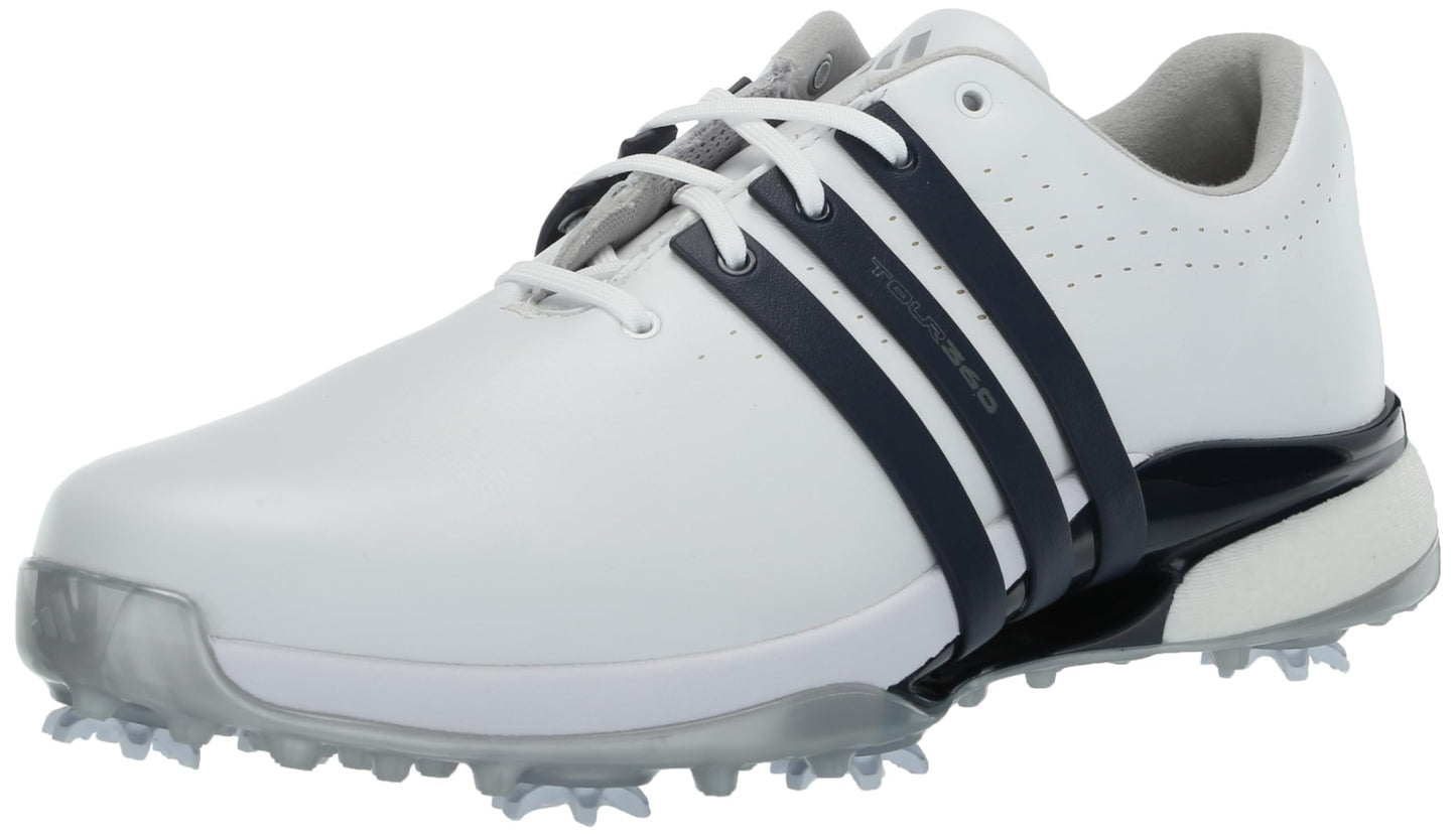 White golf shoe with black accents on a white background