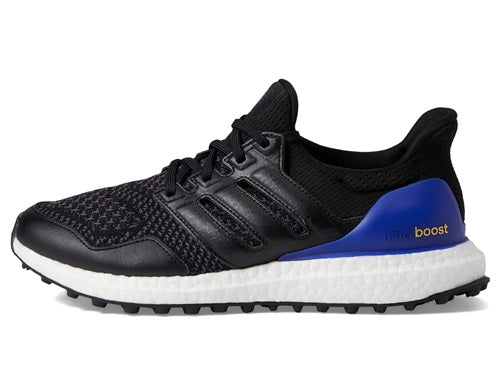 Black and blue running shoe with white sole on a white background