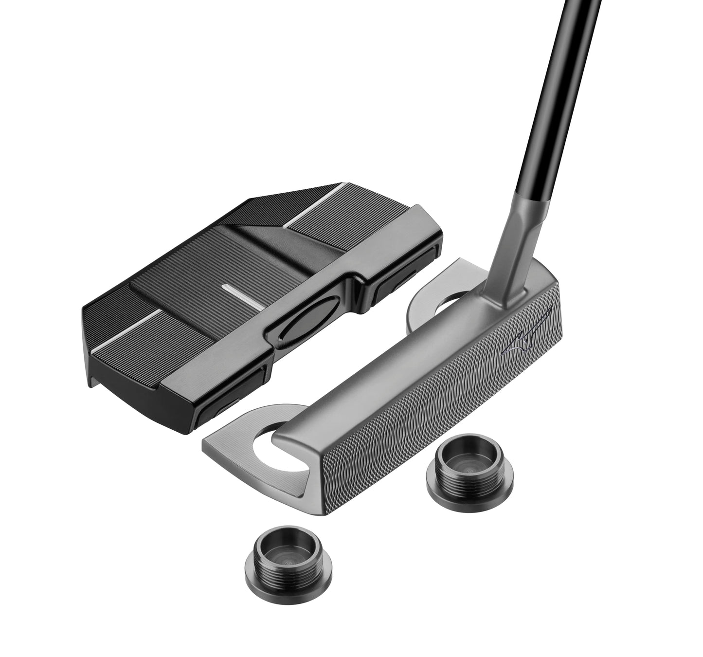 A product image showing the adjustability of the Mizuno M CRAFT X golf putter on a white background