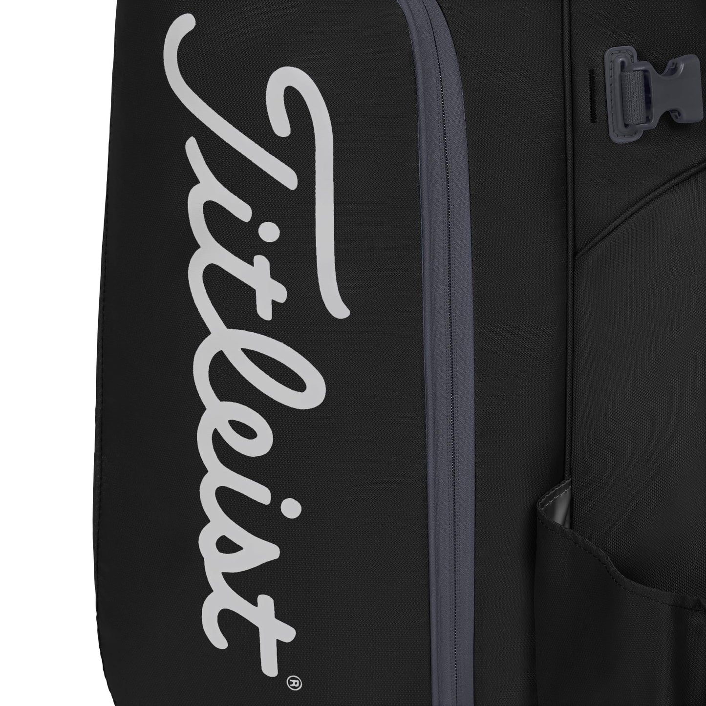 Black golf bag with white 'Titleist' logo on a white background