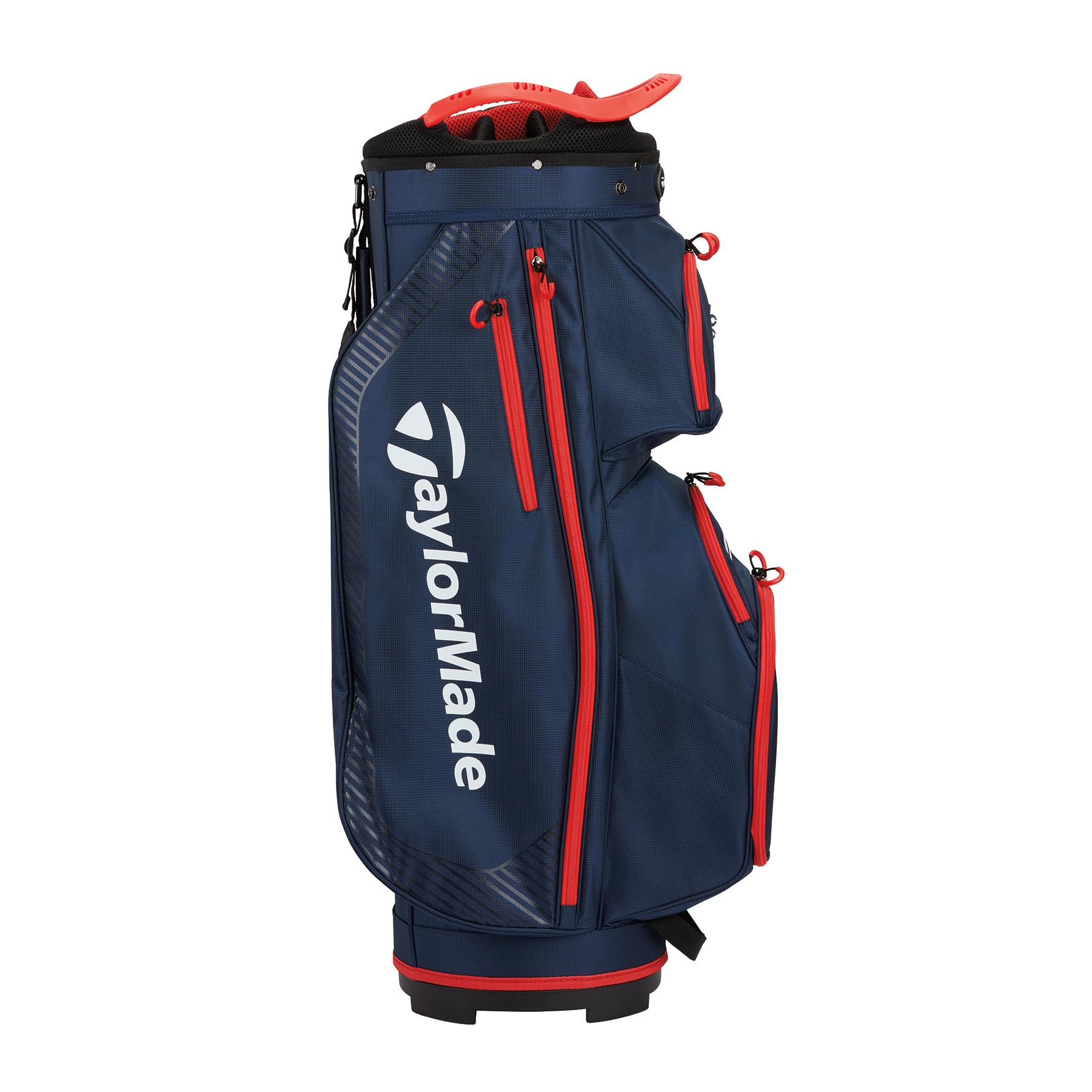 Navy and red TaylorMade golf bag on a white background