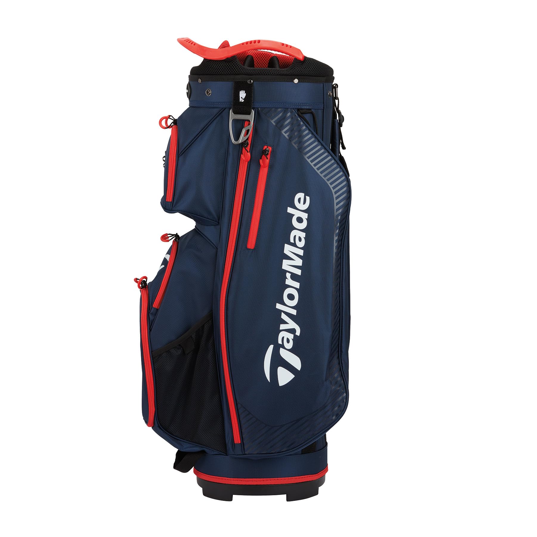 Navy and red TaylorMade golf bag on a white background
