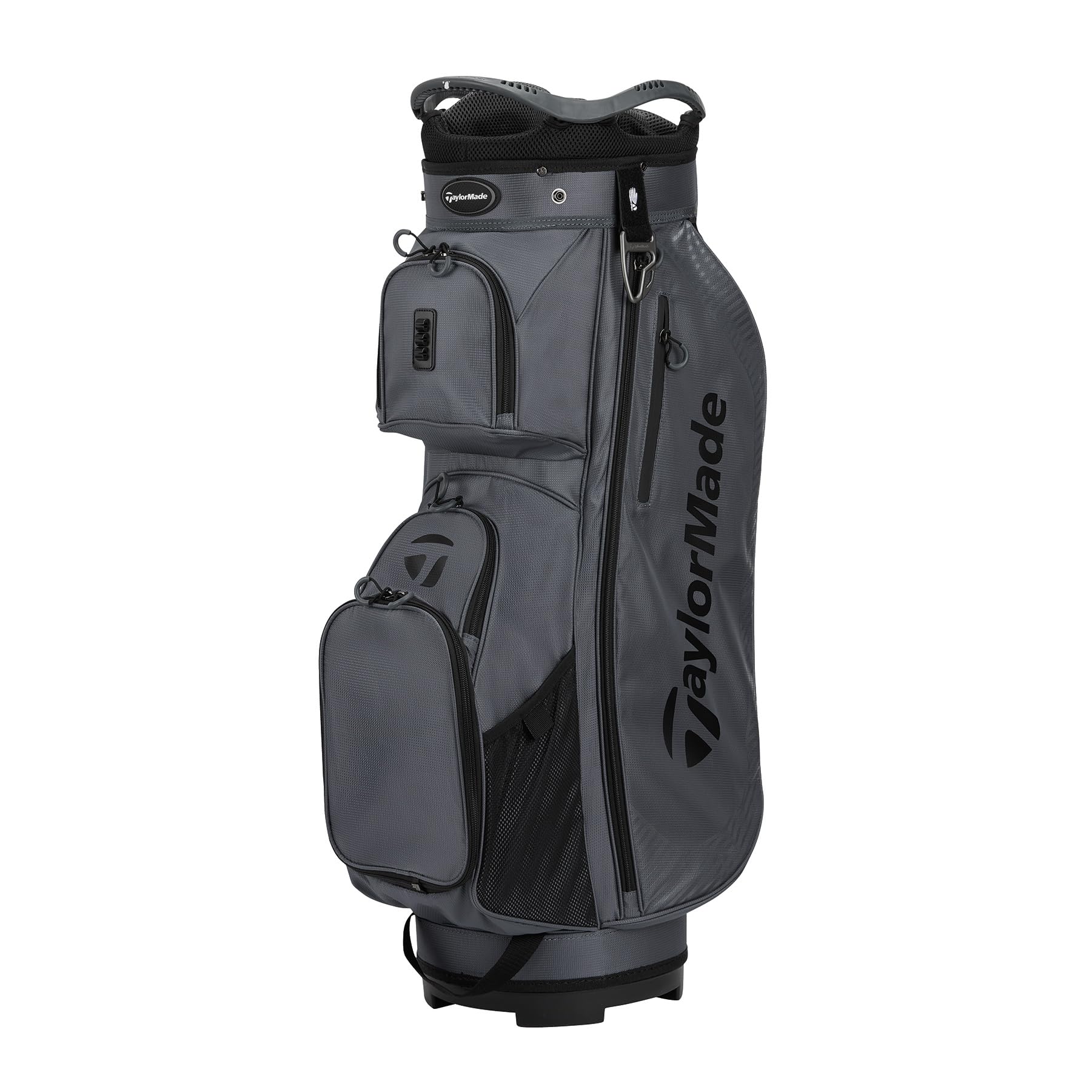 Gray golf bag with TaylorMade logo on a white background