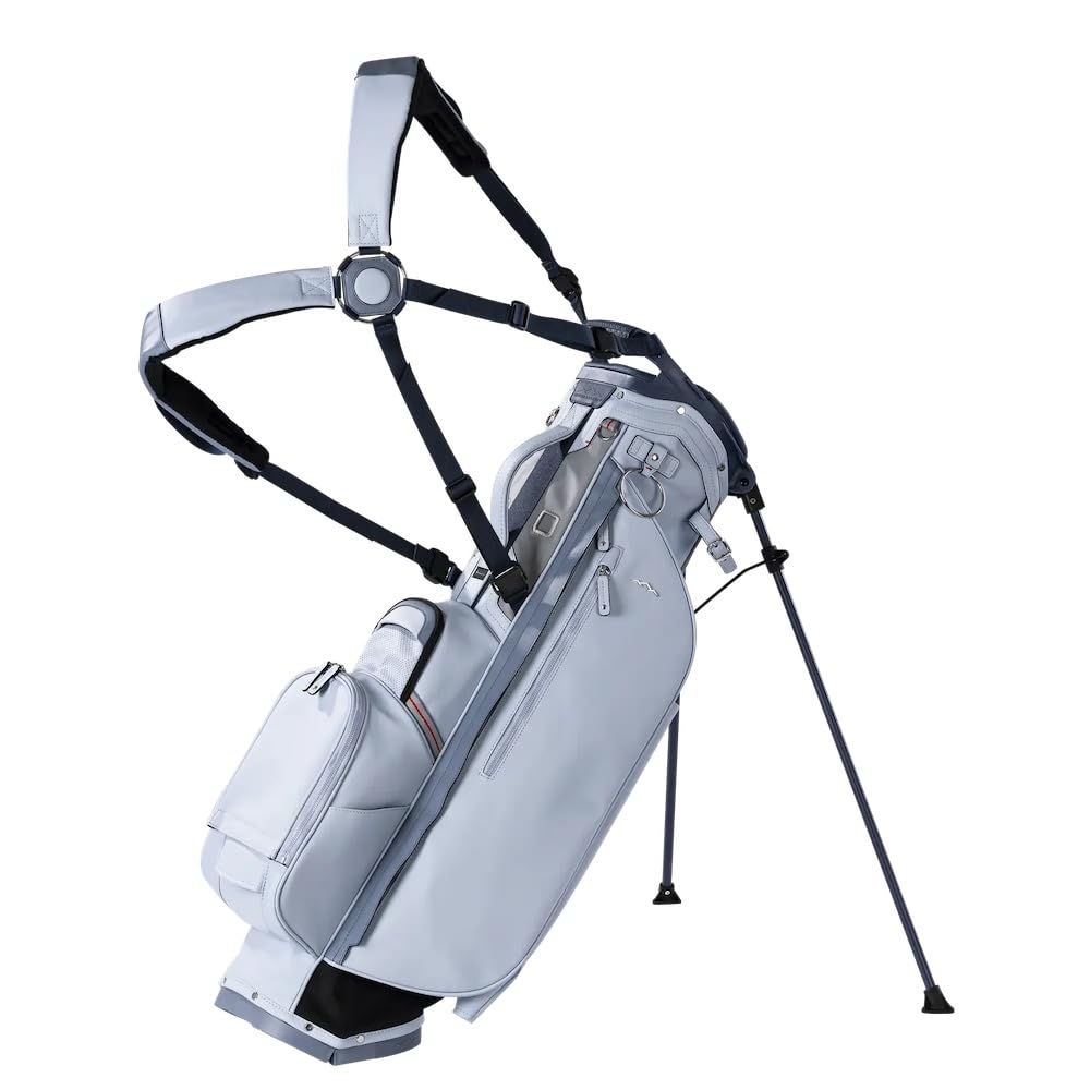 Gray golf bag with stand on a white background