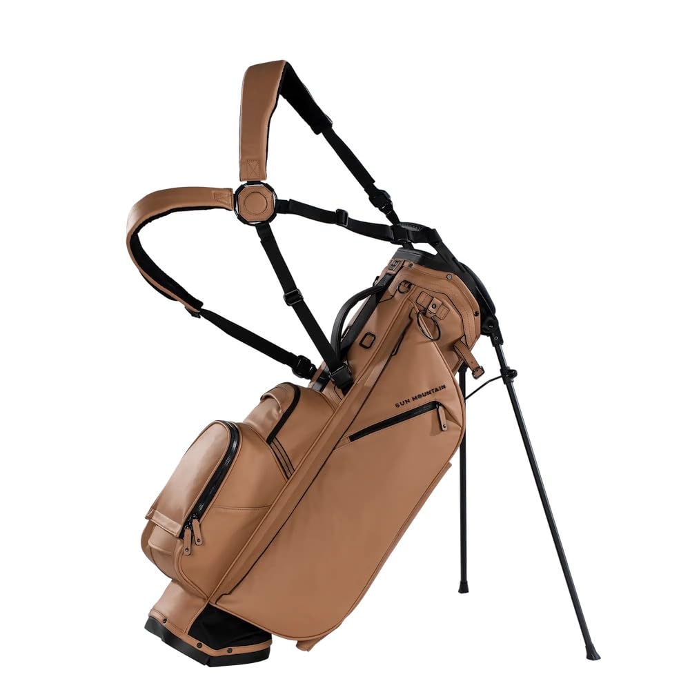 Brown golf bag with stand on a white background
