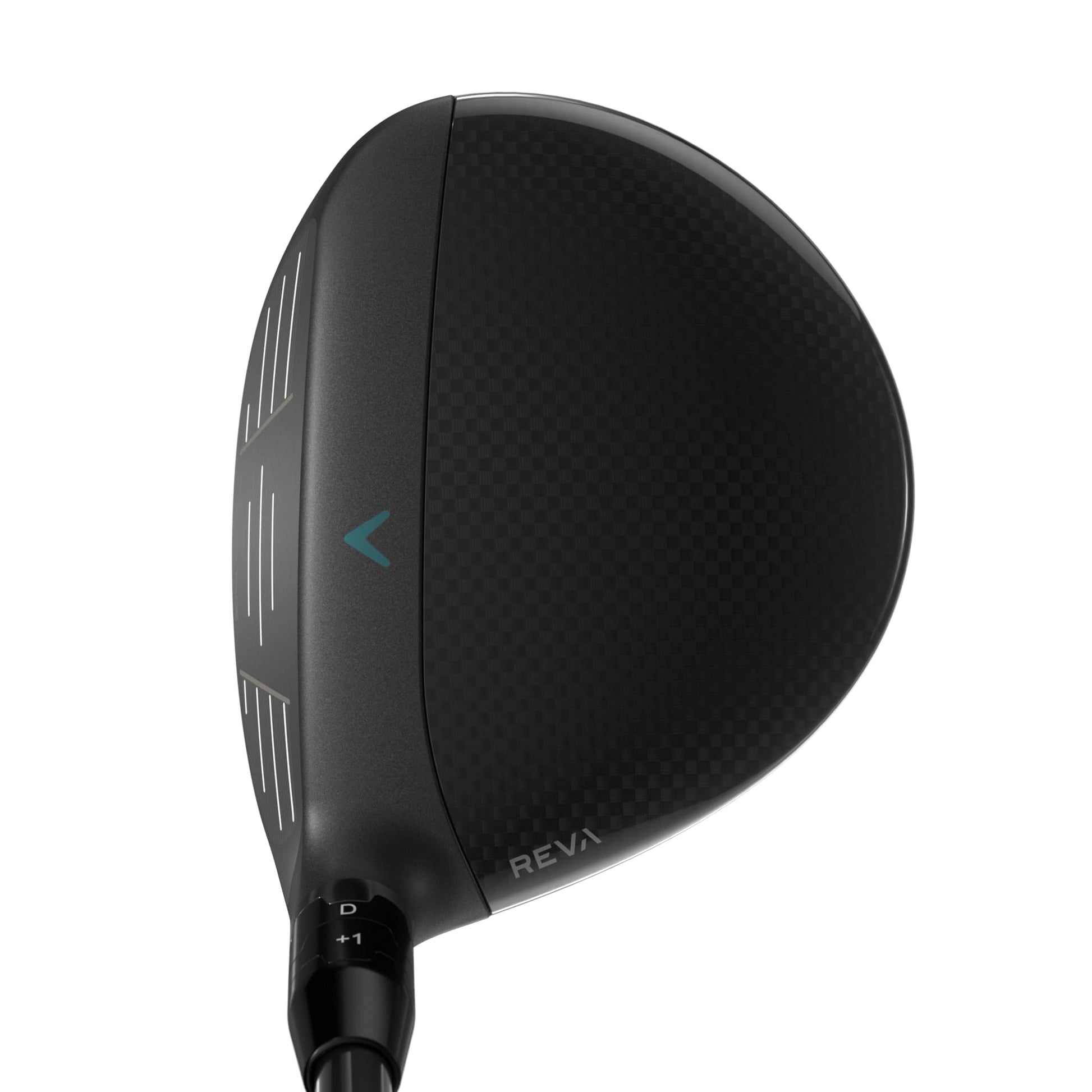 Black golf club head with 'REVA' branding on a white background
