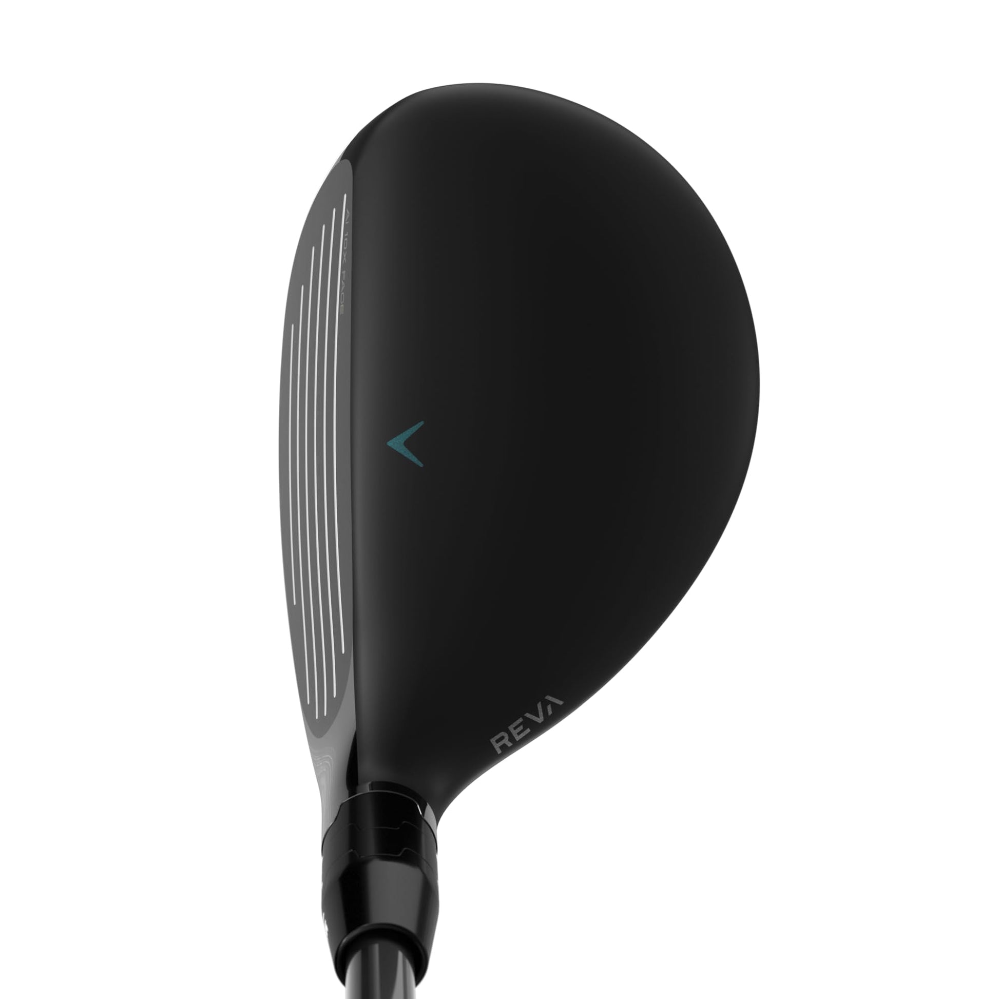 Black golf club head with 'REVA' branding on a white background
