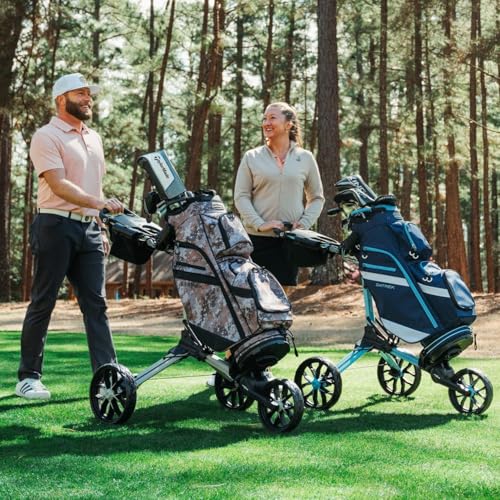 Two people with golf bags on carts on a golf course