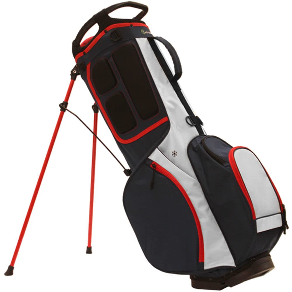 Black, white, and red golf bag with stand on a white background