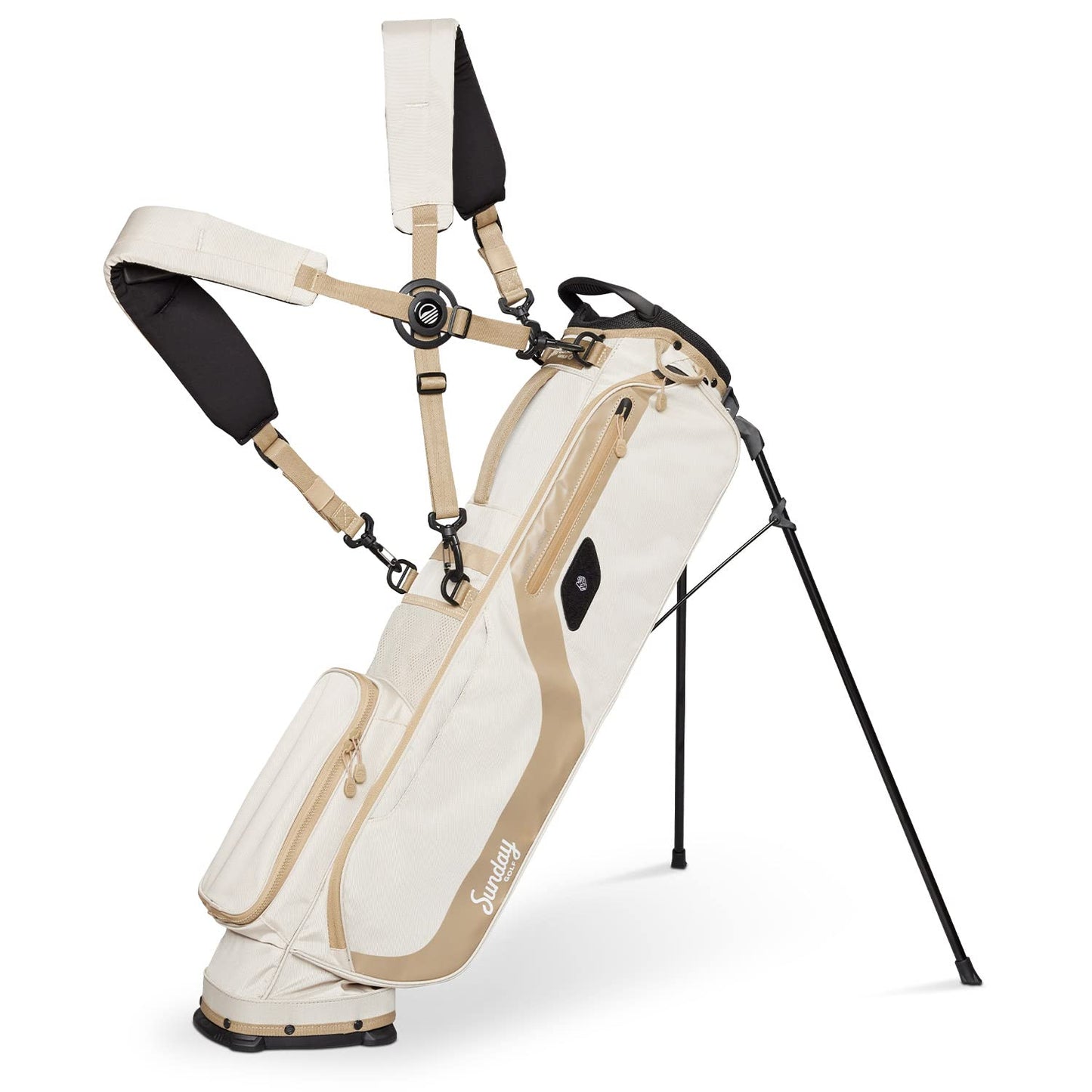White and beige golf bag with a stand on a white background
