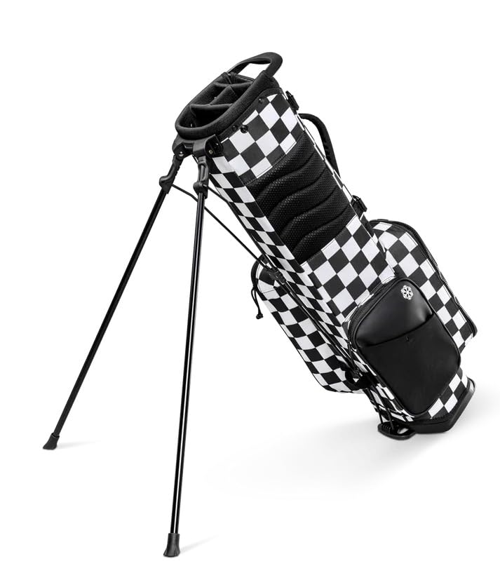 Black and white checkered golf bag with stand on a white background
