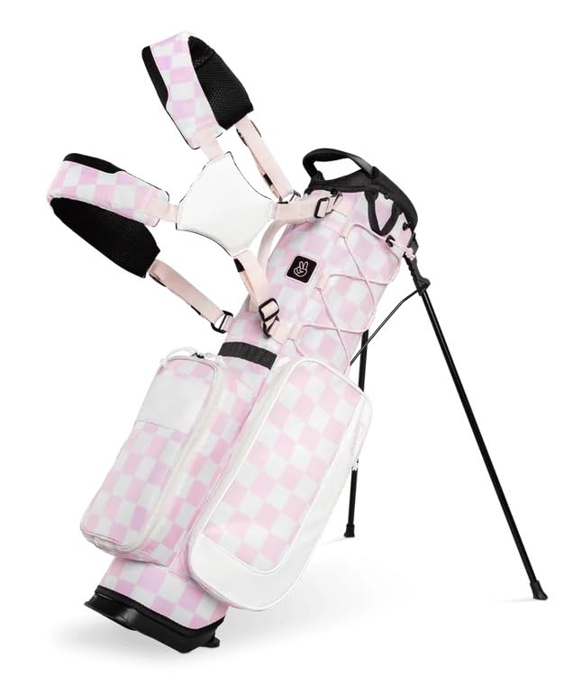 Pink and white checkered golf bag with club on a white background