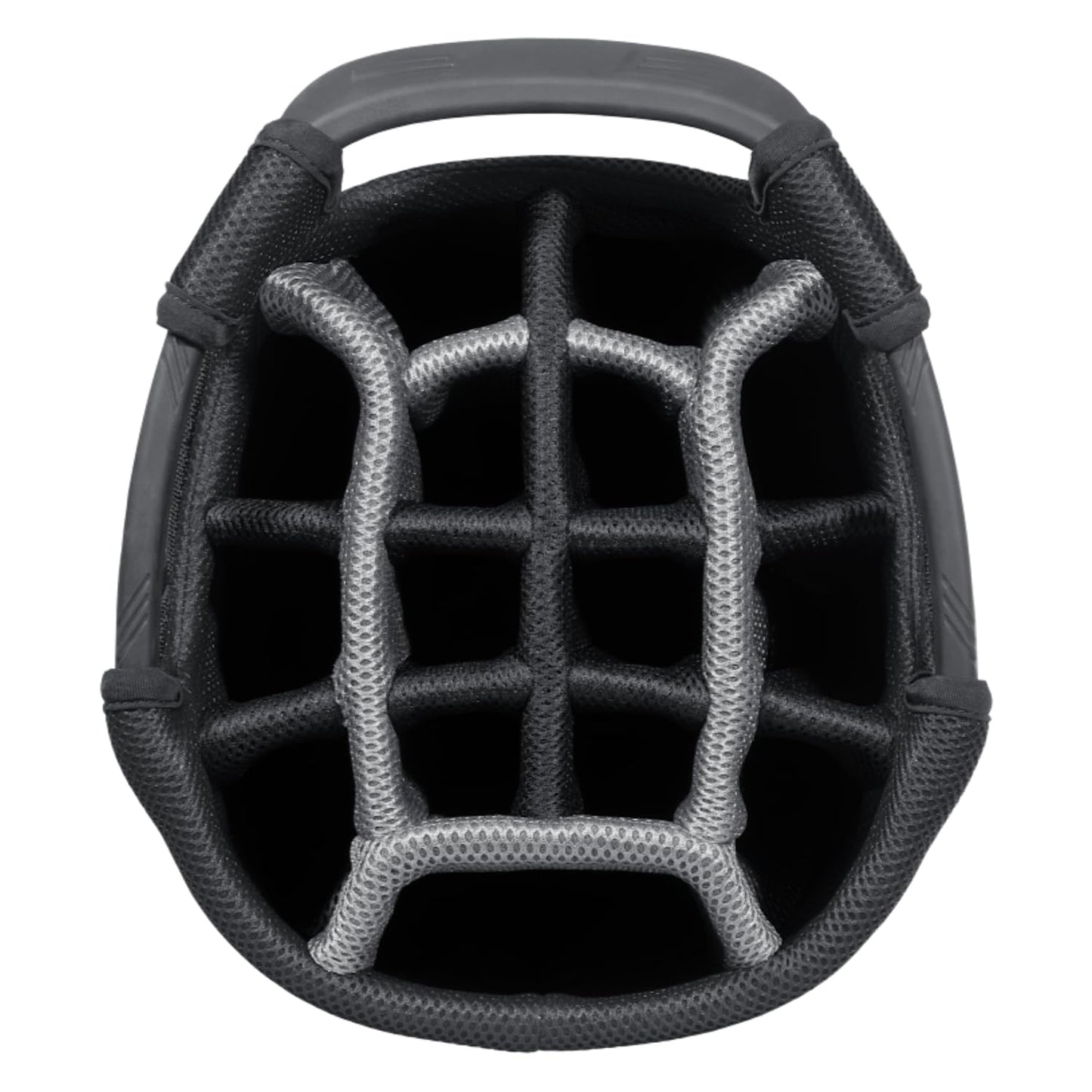 Close-up of a golf bag 14-way top in black.
