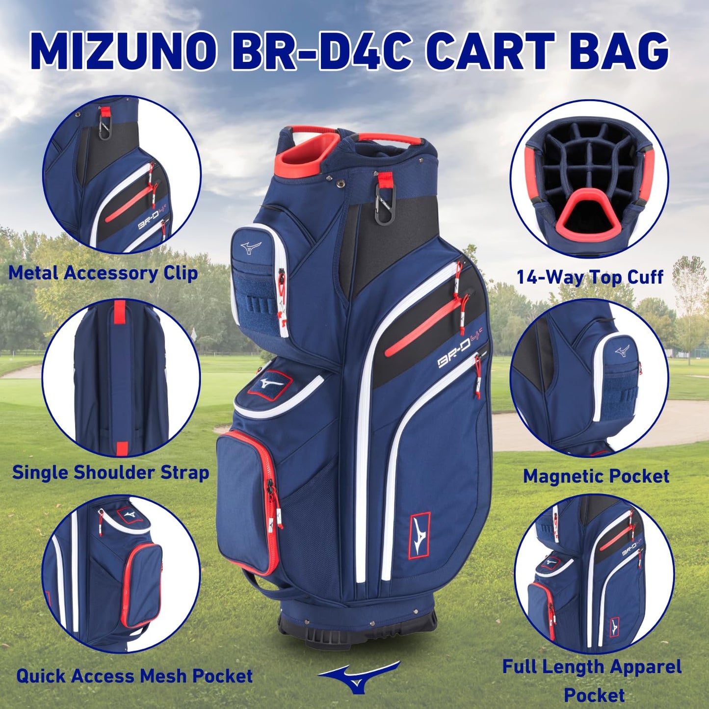 Mizuno BR-D4C golf cart bag with features highlighted on a golf course background
