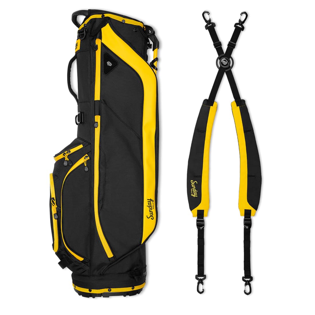 Black and yellow golf bag with a strap on a white background