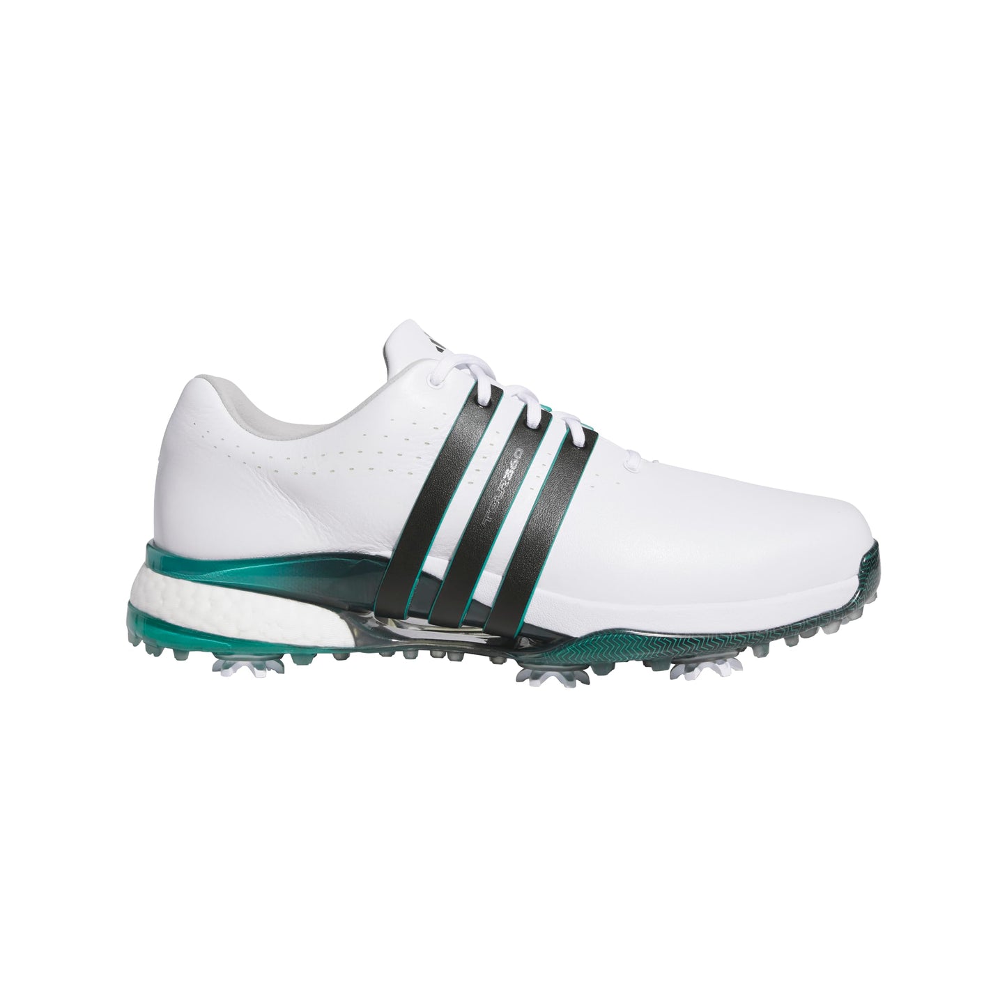 White Adidas golf shoe with black accents on a white background