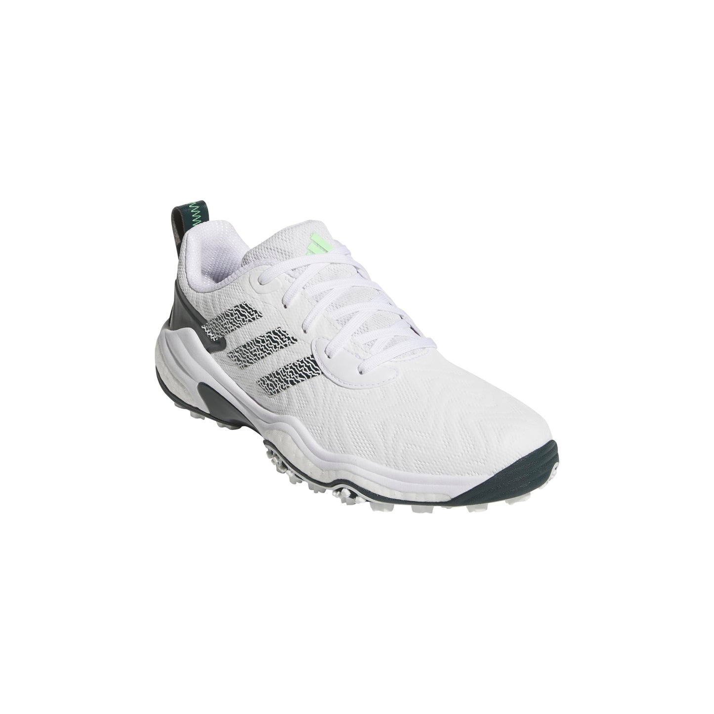 White Adidas golf shoe with black accents on a white background