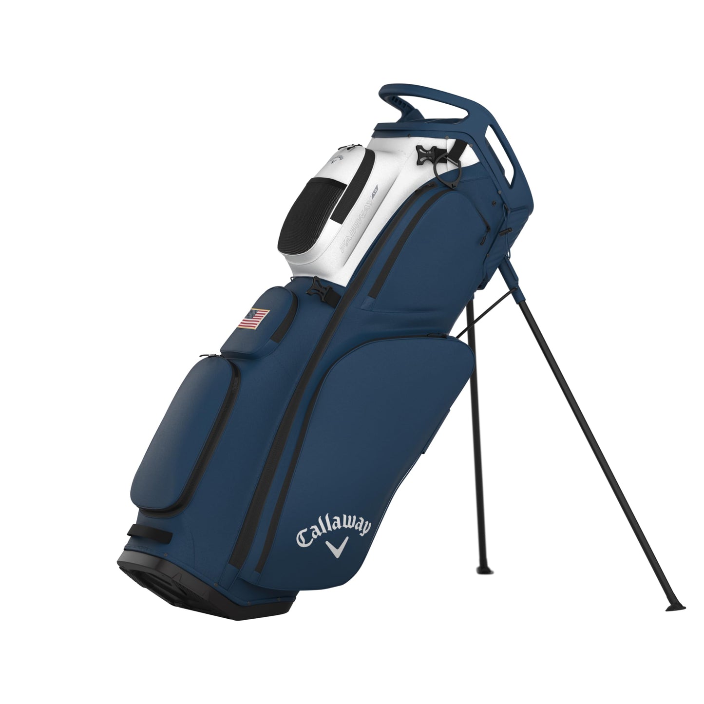 An image of a Callaway 2026 Fairway 14 Golf Stand Bag - White / Marine / Red Flag on a white background
