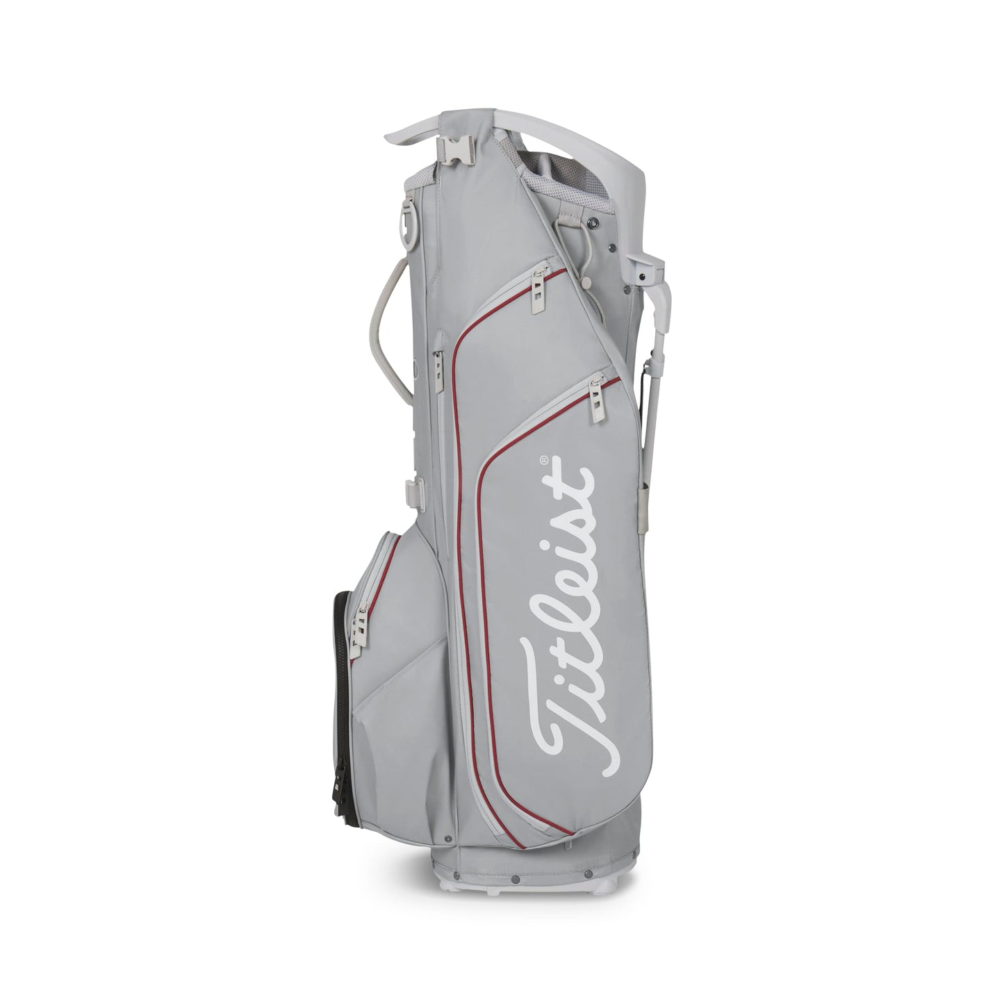 A product image of a Titleist Hybrid 14 Stand Bag - Cool Gray / Crimson / White on a white background