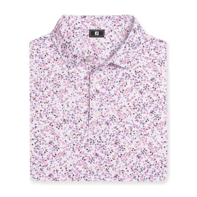 An image of a FootJoy Watercolor Floral Print Polo - White/Pink Pop/Vivid Violet on a white background