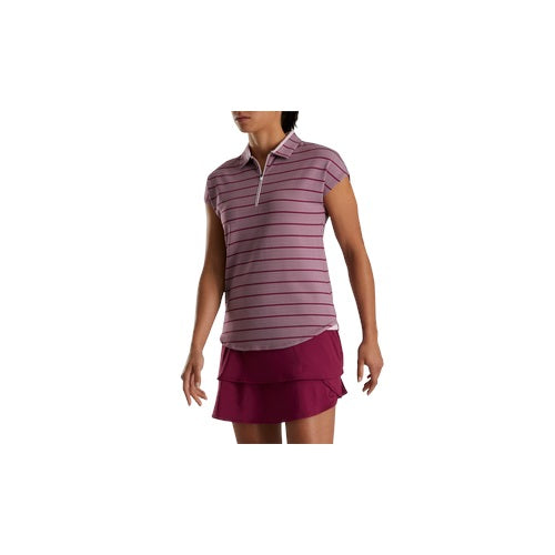 An image of a FootJoy Women's Cap Sleeve Birdseye Stripe Jacquard Shirt - Fig/Pink on a white background