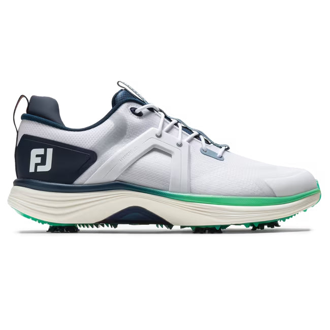 An image of a FootJoy Hyper Flex Golf Shoes - White / Navy / Green - 12.5XW on a white background