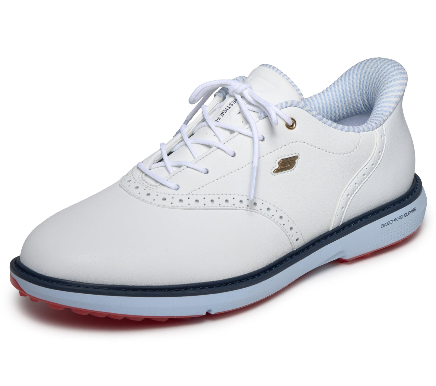 A product image of a Skechers Go Golf Prestige SL Golf Shoes - White/Navy/Red on a white background