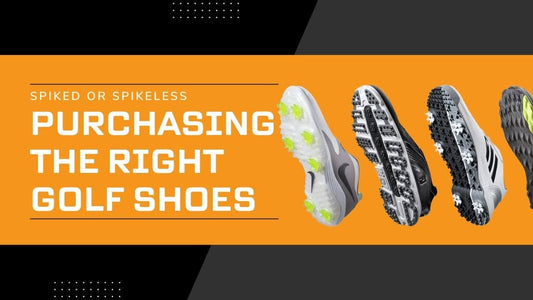 Hero image of spiked and spikeless golf shoes on an orange background with text "Spiked or Spikeless: Purchasing the Right Golf Shoes"