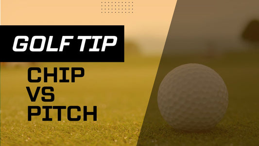 Close-up image of a golf ball on a putting green with text "Golf Tip: Chip vs Pitch"