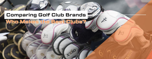Close up of golf clubs and golf headcovers with text overlay "Comparing Golf Club Brands: Who Makes the Best Clubs?"