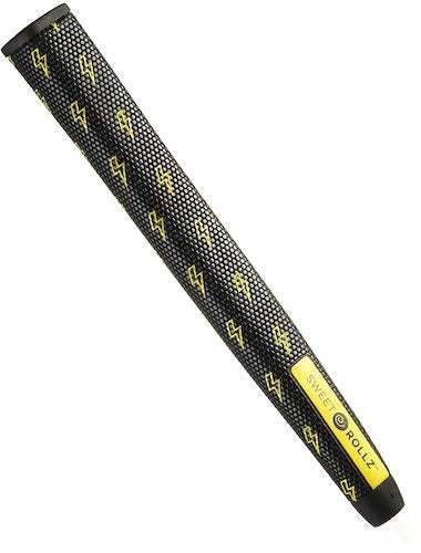 A product image of a Sweetrollz "Thunderstruck" golf putting grip in black with yellow lightening strikes
