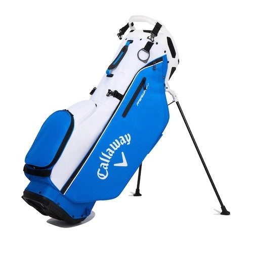 A blue and white Callaway stand bag on a white background