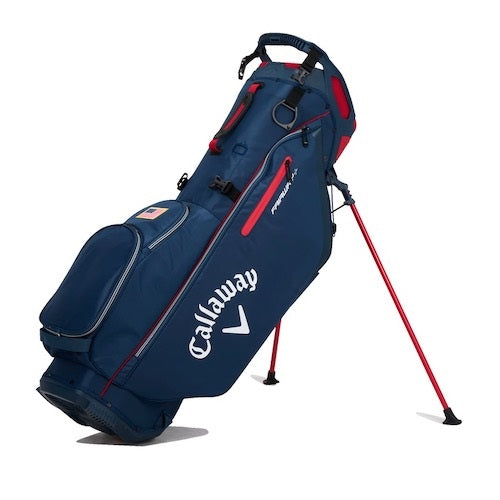 A blue and red Callaway golf stand bag