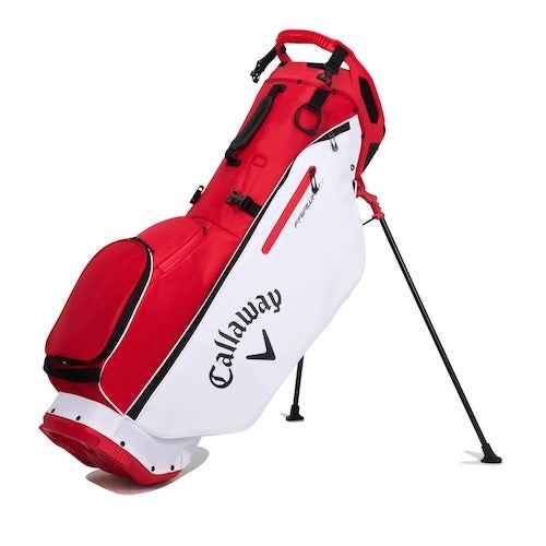 A red and white Callaway stand bag on a white background