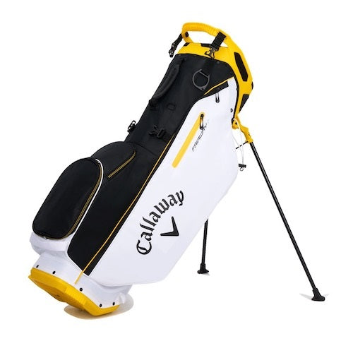 A black, white, and yellow Callaway golf stand bag on a white background