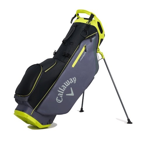 A lime, black, and gray Callaway golf stand bag