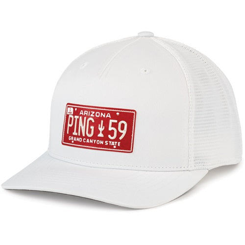 An image of PING License Plate Hat 214 - White on a white background