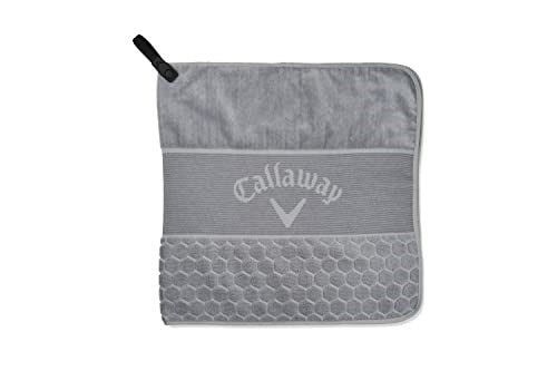 A gray Callaway golf towel on a white background