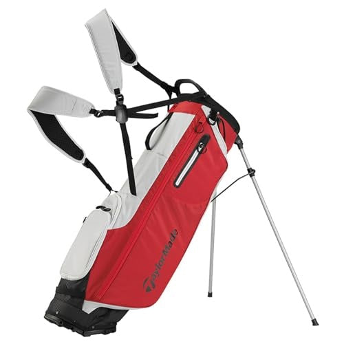 A hero image of a red and white TaylorMade golf stand bag on a white background