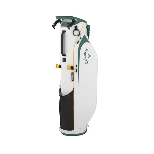 A hero image of a white, green, and yellow Callaway golf stand bag on a white background