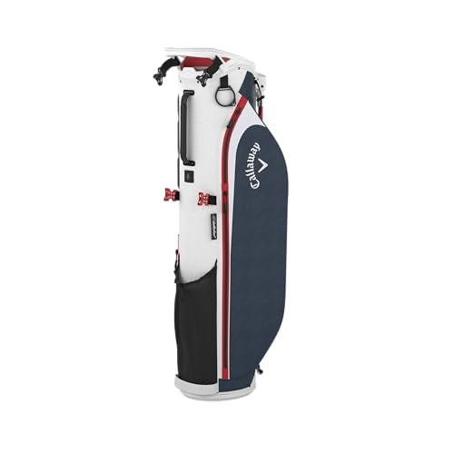 A hero image of a white, blue and red Callaway golf stand bag on a white background