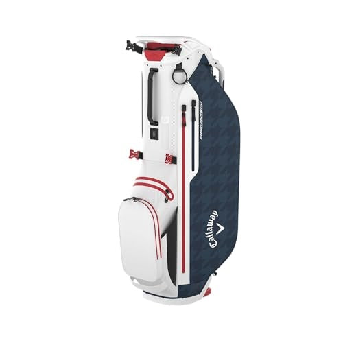 A hero image of a white, blue and red Callaway golf stand bag on a white background