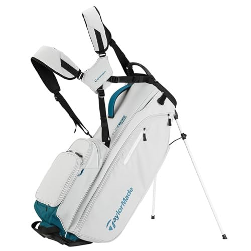 A hero image of a white and blue TaylorMade golf stand bag on a white background