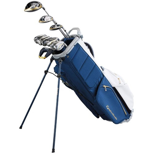 A full bag of the TaylorMade Kalea Complete Set. A white, blue and gold stand bag featuring matching clubs. 