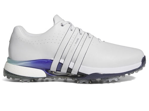 White golf shoe with blue sole on a white background