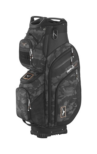 An image of Mizuno 2025 BR-D4C Golf Cart Bag - Black Camo / Copper on a white background