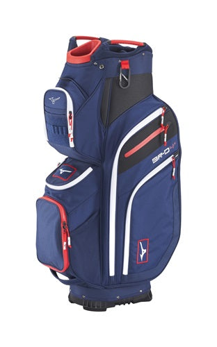 An image of Mizuno 2025 BR-D4C Golf Cart Bag - Navy / Red on a white background